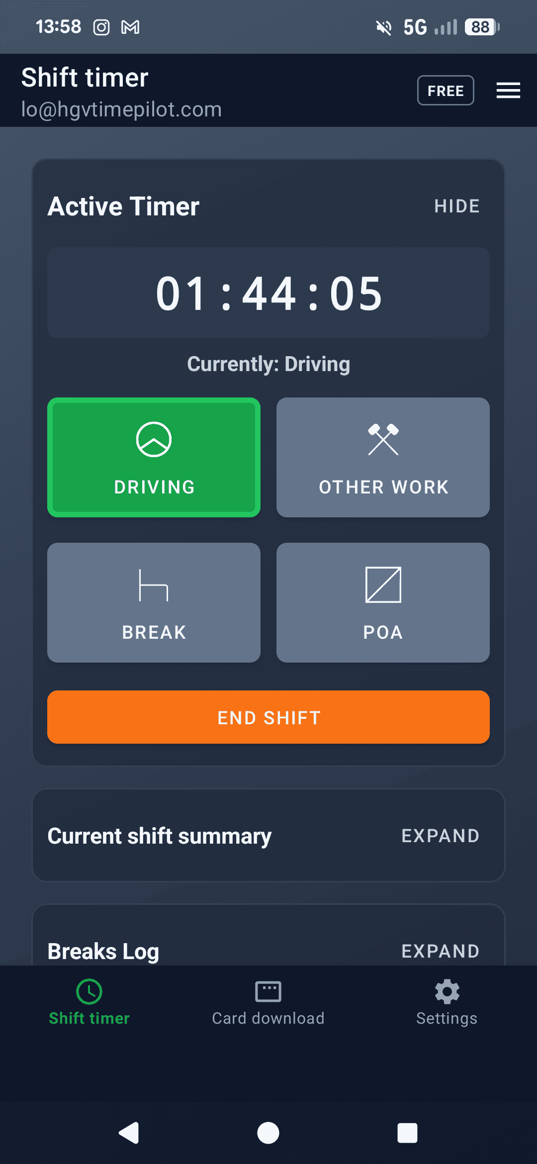 Live HGV Time Pilot shift timer on Android with Driving, Other Work, Break and POA modes