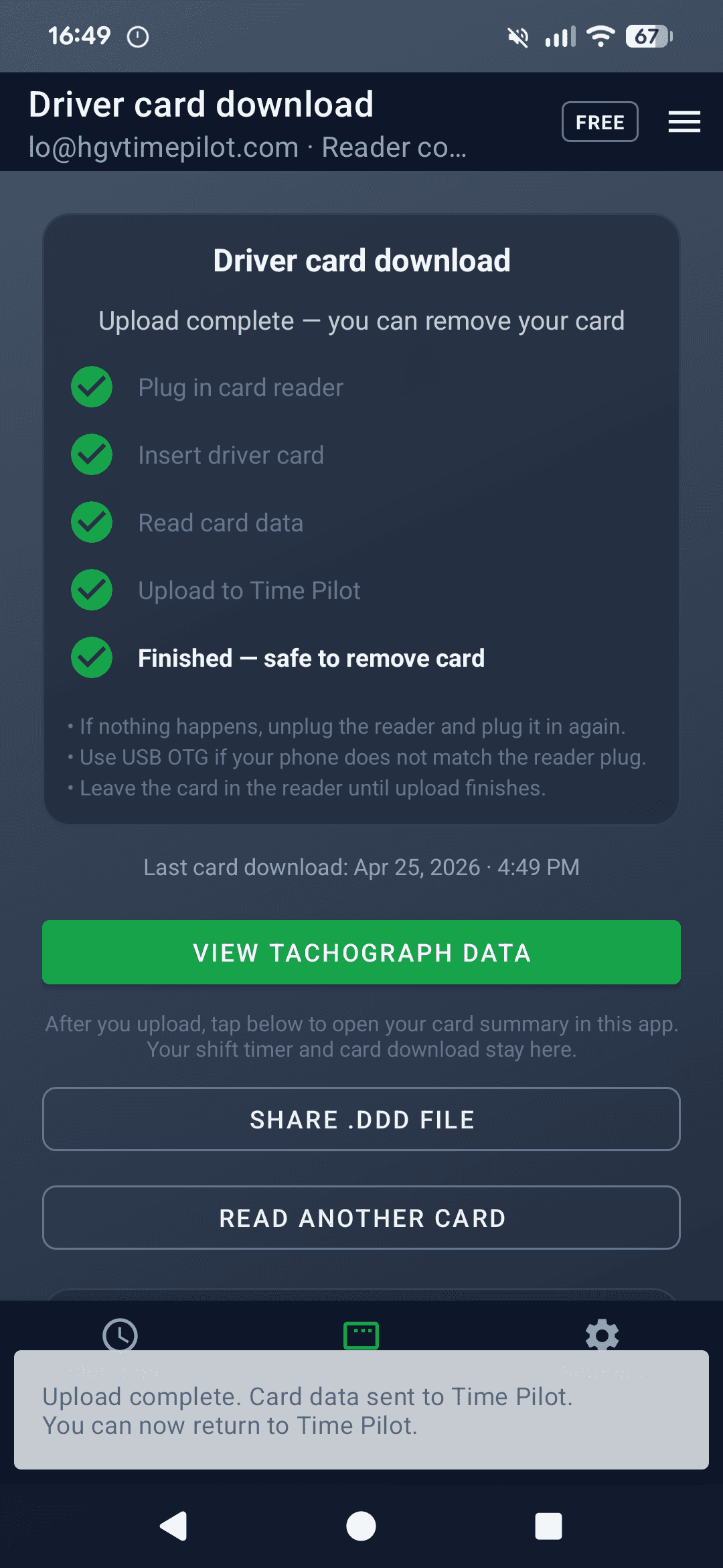 Successful driver card download — tachograph analysis starts from the legal file