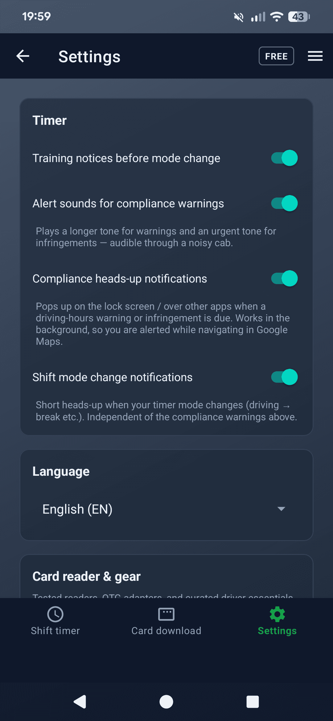 HGV Time Pilot Android app settings screen